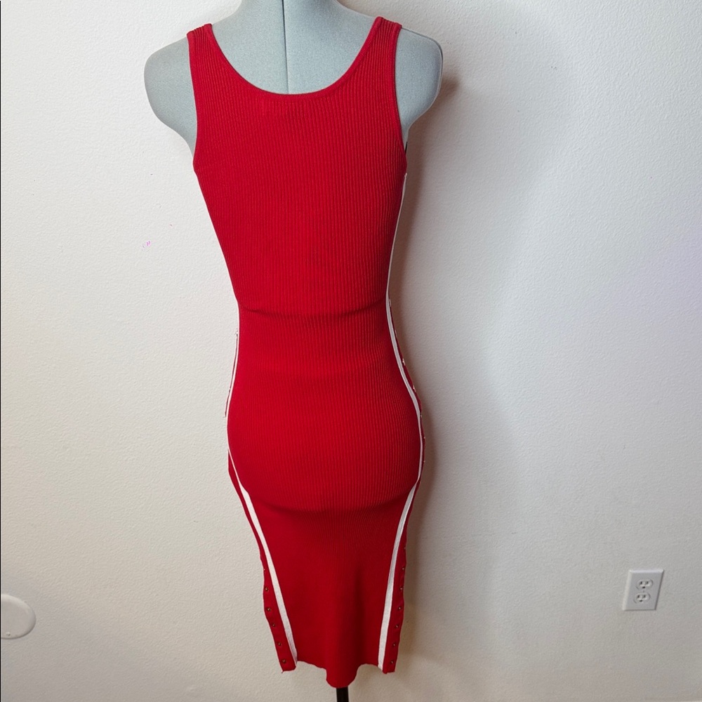 HERA Red Ribbed Bodycon Dress Side Slits Cutout Sporty Casual Athleisure S - Picture 5 of 7